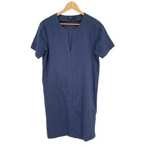 Theory Womens Blue Linen Blend Short‎ Sleeve V Neck Shift Dress Size M